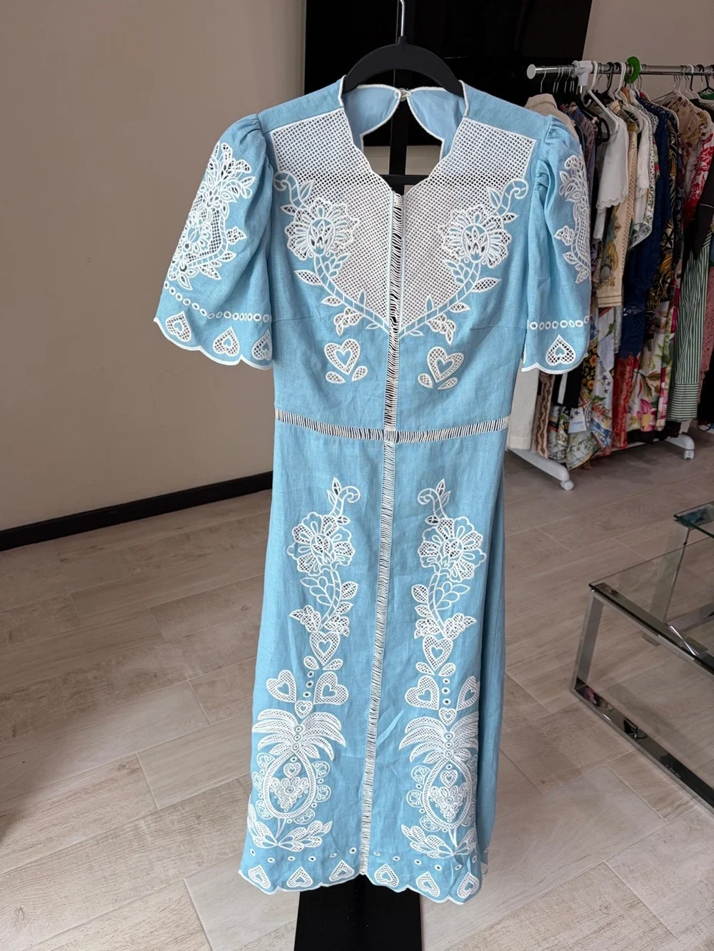 Farm Rio Light Blue Embroiderede Midi Dress - Picture 6 of 11
